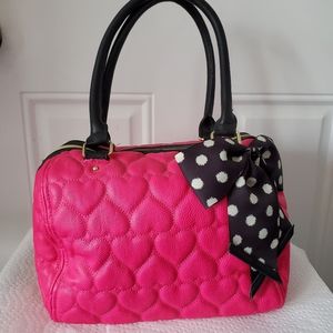 Betsey Johnson Pink Quilted Heart Dome Habdbag Purse with Polka Dot Side Bow